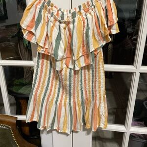 Anthropologie Striped Ruffle Dress in Orange, Green, and Cream Size Small
